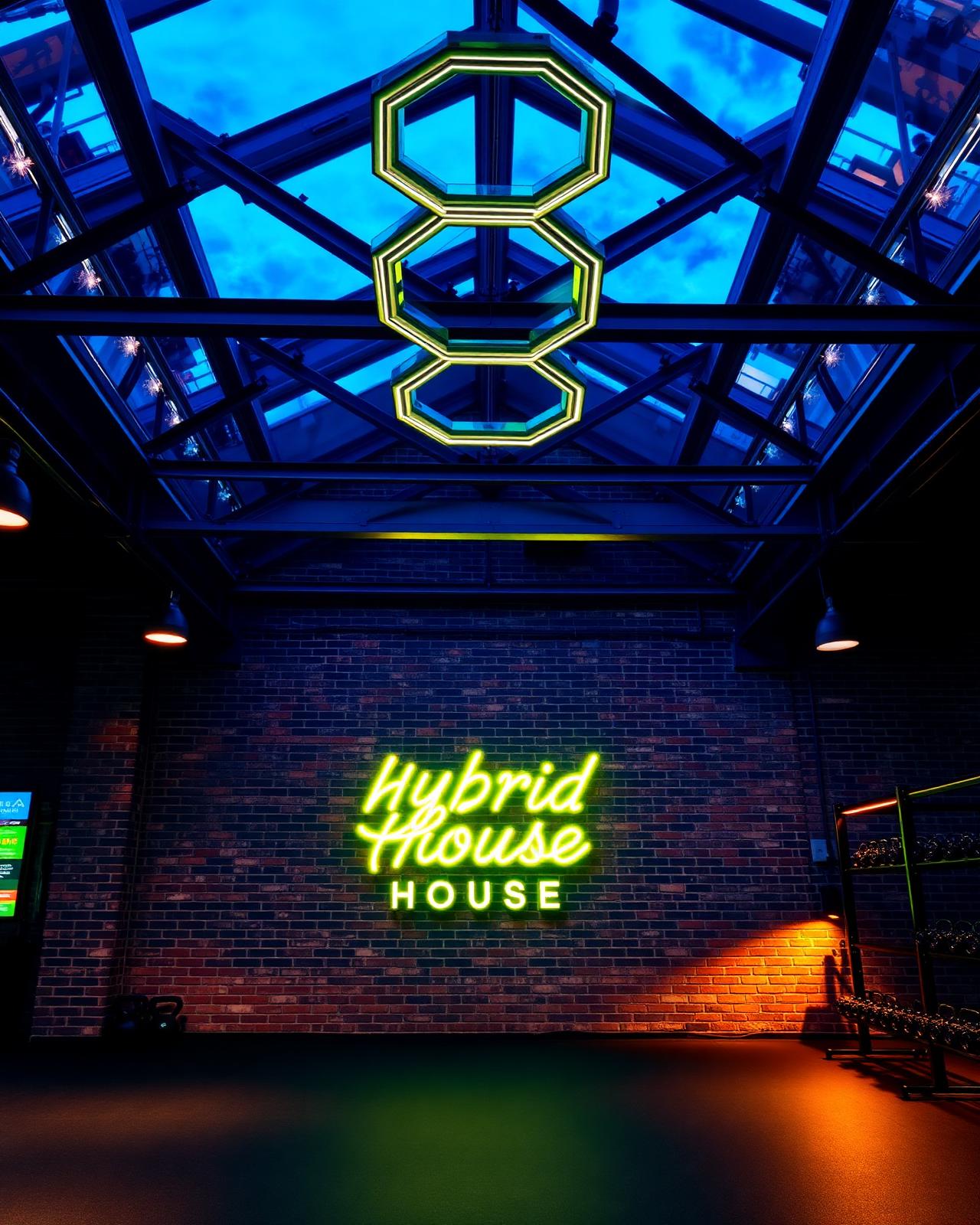 Hybrid House — neon i sygnet w hali